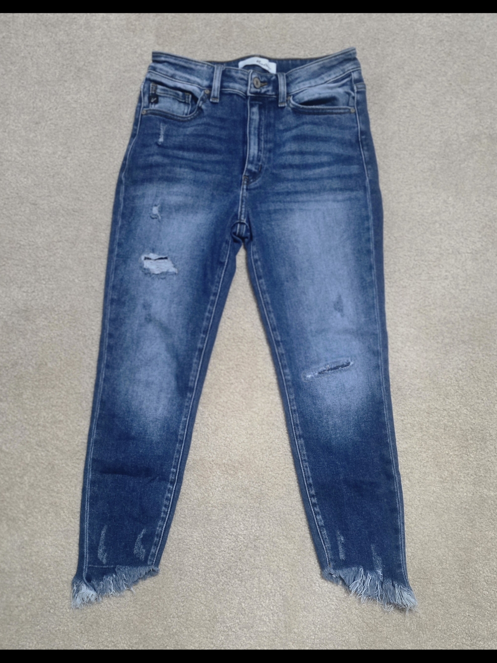 KanCan Dark Wash Distressed Skinny Jeans with Frayed Hem
